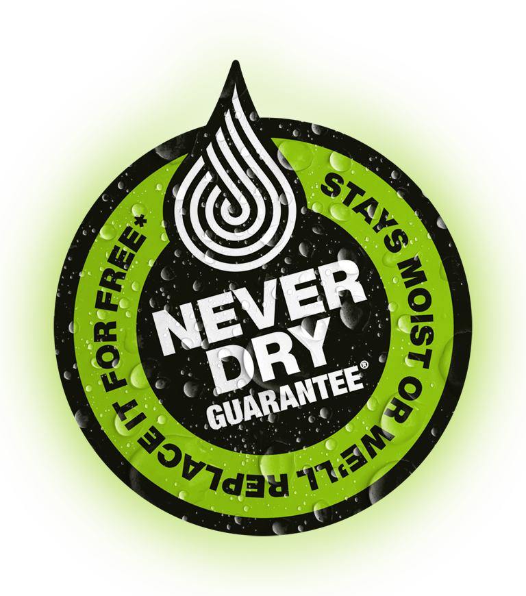 Circular logo with 'Never Dry Guarantee' text on a green background