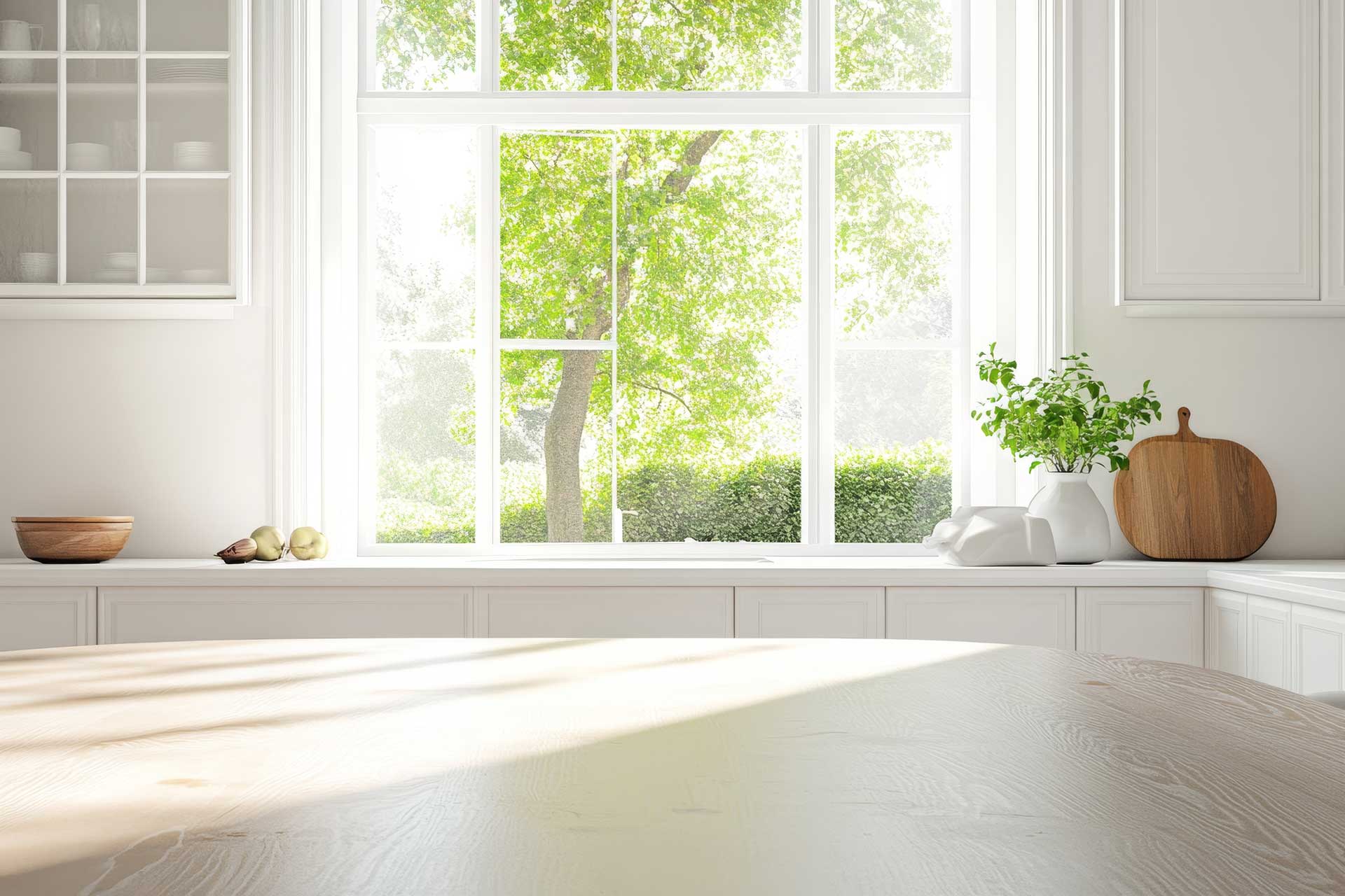 Modern kitchen with large window, white cabinets, and greenery outside